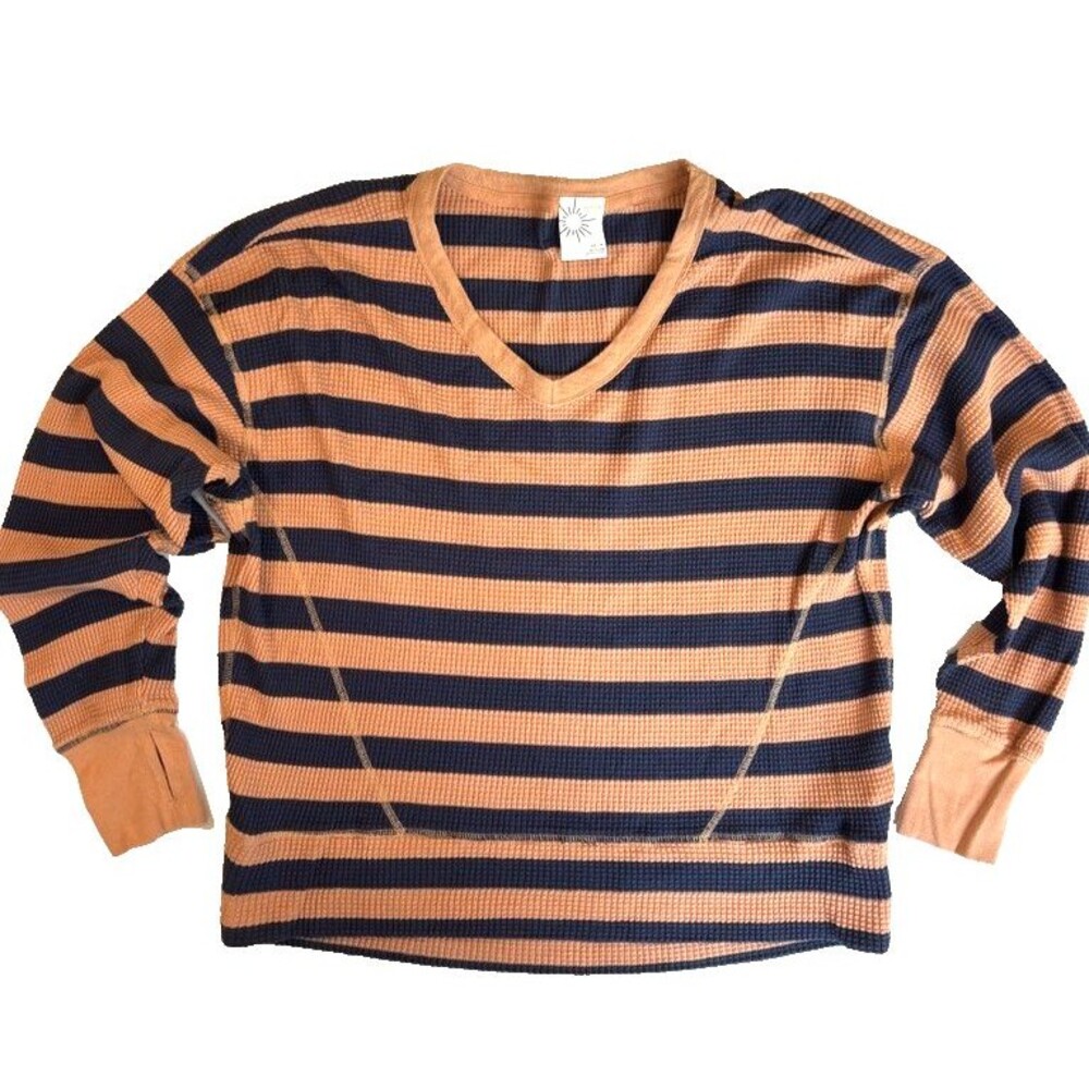 AERIE Offline Striped Oversized Waffle Knit Top XS Navy/Tan 90s Grunge Tomboy